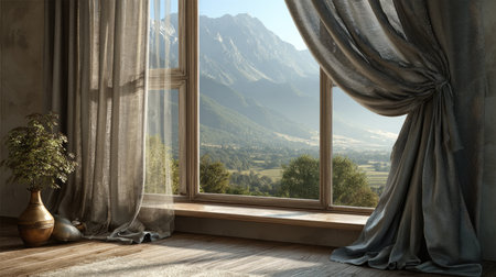 This captivating image showcases a peaceful indoor scene with elegant drapes framing a stunning mountain view. Natural light filters through, creating a cozy atmosphere that invites relaxation and tranquility. Perfect for interior design inspiration.の素材
