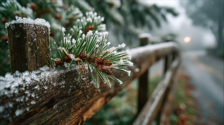 A detailed close-up of a frost-covered pine branch resting on a rustic wooden fence. The foggy landscape creates a serene atmosphere with a soft light in the background.の素材
