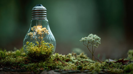 This artistic image captures a light bulb containing a vibrant plant, resting on a moss-covered ground in a serene forest. The composition symbolizes nature's resilience and beauty.の素材