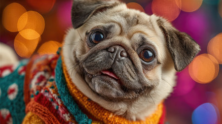 This charming pug dog dressed in a colorful sweater exudes warmth and joy amidst a beautifully blurred festive background of bokeh lights.の素材