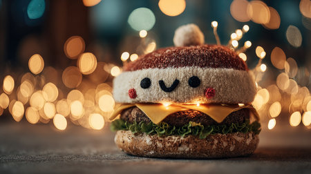 This delightful burger decoration features a playful hat and twinkling lights, adding a touch of charm to any holiday celebration or food display.の素材