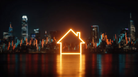 This artistic image features a glowing house symbol set against a modern city skyline, reflecting the real estate marketの素材