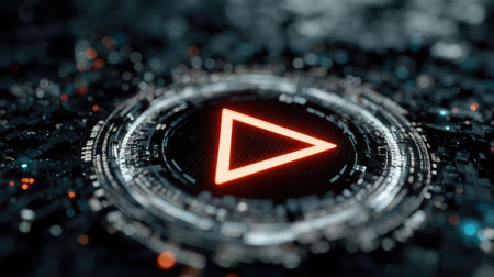 This abstract digital artwork features a glowing triangle play button set against a futuristic background. The design suggests themes of technology, media, and innovation.の素材