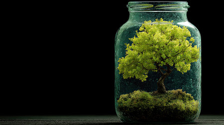 This captivating image features a vivid green tree encased within a glass jar, symbolizing nature's beauty and growth. The intricate details of the soil and moss add to the serene display, making it a perfect indoor dの素材