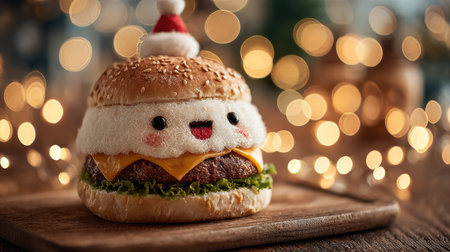 This adorable burger features a smiling face and a festive holiday hat, set against a dreamy bokeh background, perfect for food-loving enthusiasts.の素材