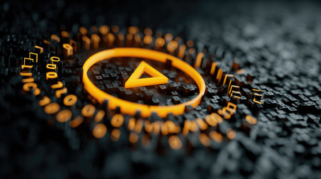 This captivating digital art piece features a glowing geometric shape set against a textured black background, creating a futuristic atmosphere.の素材