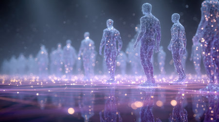 This stunning abstract image features digital representations of human figures, surrounded by glowing particles, creating a mesmerizing futuristic ambiance.の素材