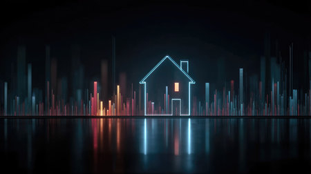This image showcases a sleek, futuristic house illuminated by vibrant neon colors, surrounded by colorful sound waves, reflecting a modern aesthetic.の素材