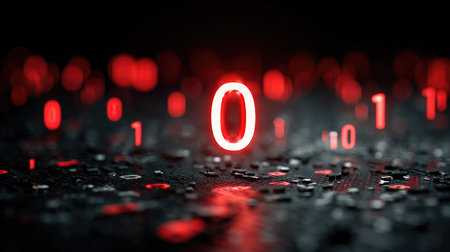 This image showcases red glowing binary numbers on a dark background, creating a captivating atmosphere ideal for concepts in digital technology and data analysis.の素材