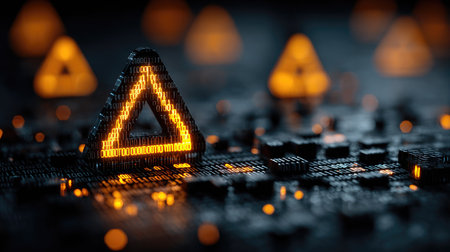 A captivating futuristic digital landscape featuring glowing binary triangles amidst abstract technology elements, creating an immersive visual experience.の素材