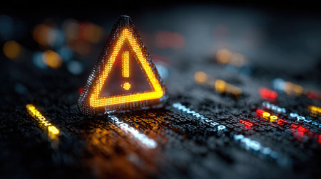 A striking illuminated warning sign against a digital backdrop filled with binary code, embodying themes of technology, caution, and cybersecurity.の素材