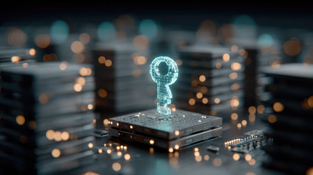 A captivating representation of a digital key symbolizing cybersecurity and data protection, set amidst glowing circuits and a modern tech environment.の素材