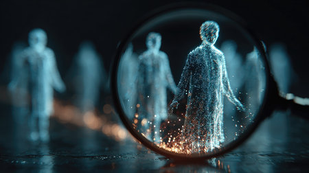 This striking image features a digital embodiment of individuals viewed through a magnifying lens, signifying exploration in a mystical realm.の素材