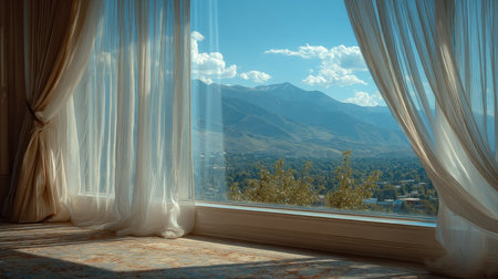 A bright and inviting scene showcasing a large window adorned with sheer drapes that frame a stunning mountain view. The peaceful landscape bathed in sunlight evokes tranquility and comfort.の素材