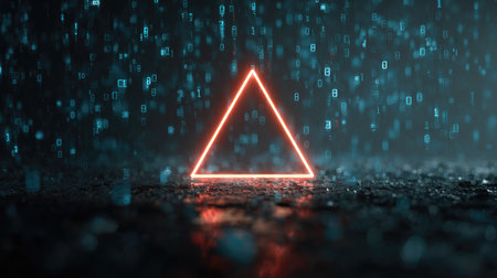 A striking neon triangle glows brightly against a dark background, surrounded by a rain of shimmering binary code, creating a captivating digital atmosphere.の素材