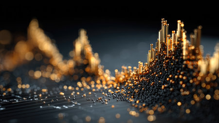 An intricate abstract scene featuring glowing particles and textured peaks, symbolizing data visualization and modern technology in a captivating aesthetic.の素材