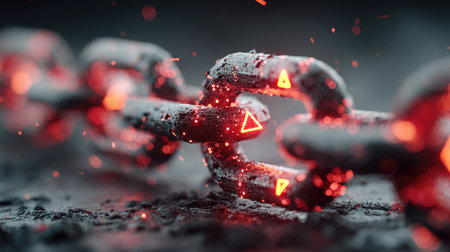 This abstract image features a glowing red chain link amid a dark background, showcasing intricate details, sparks, and textures that represent strength and connectivity.の素材