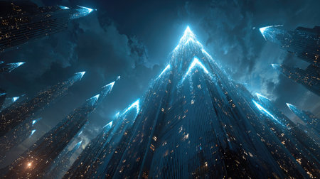 A breathtaking view of a futuristic cityscape at night, featuring tall skyscrapers illuminated by vibrant blue lights against a dark cloudy sky.の素材