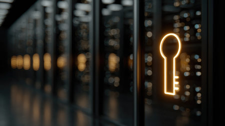 A glowing digital key icon signifies secure access within a modern server room, emphasizing the importance of data protection and technology in today's digital age.の素材