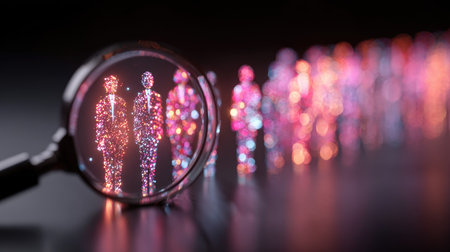 This artistic digital image illustrates a group of figures created from vibrant particles, magnified for a unique visual effect, exploring themes of perception and creativity.の素材