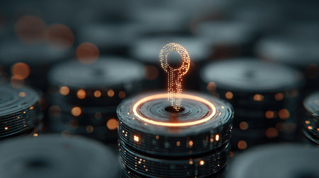 Captivating digital representation of a key emerging from a circular lock, symbolizing security and access in a modern technology landscape.の素材