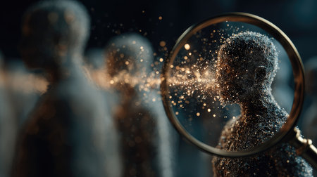 This captivating image portrays abstract human figures made of sparkling particles, with a magnifying glass offering a unique focus on one. The visual evokes themes of exploration, creativity, and the mysteries of existence.の素材