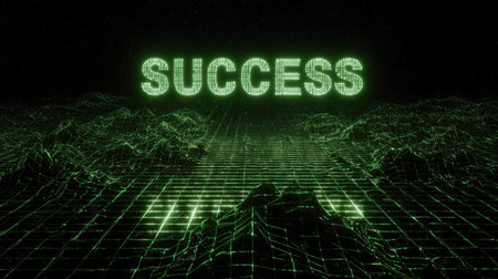This captivating digital artwork features the word 'Success' in a glowing green font over an expansive grid landscape, symbolizing innovation and achievement.の素材