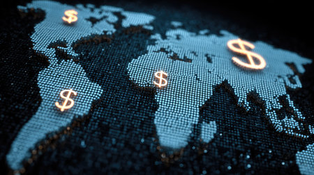 This image features a digital representation of a world map adorned with glowing dollar signs. It symbolizes global finance and economic trends in a modern design, highlighting connections and transactions in the financial sector.の素材