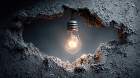 This captivating image features a vintage light bulb suspended in a cracked wall, casting a warm glow and creating a dramatic shadow, perfect for design inspiration.の素材