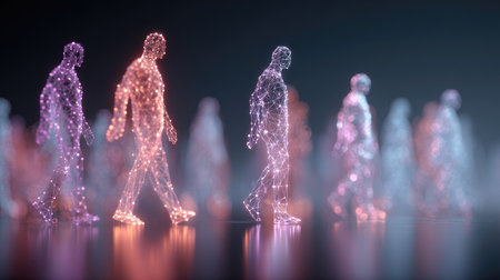 This captivating image showcases walking figures crafted from glowing particles, representing movement and technology in a digital realm.の素材