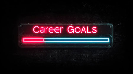 A glowing neon sign that showcases the concept of career goals with a progress bar. The vibrant colors against a dark background evoke ambition and motivation.の素材
