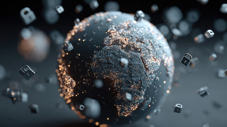 This image features a stylized globe with shimmering lights, surrounded by floating locks, symbolizing global cybersecurity and data protection.の素材