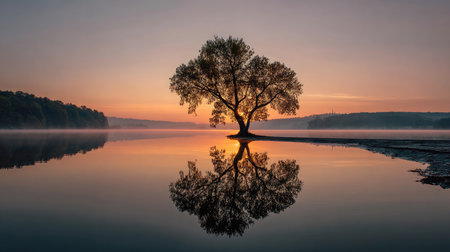 A tranquil landscape featuring a solitary tree by a calm lake, perfectly mirrored in the still waters during a breathtaking sunrise. Mist rises, enhancing the serene atmosphere.の素材