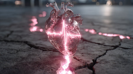 Unique artwork featuring a transparent heart illuminated by a pink pulse light on a cracked ground, symbolizing life, emotion, and resilience in a stunning visual.の素材
