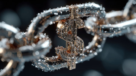 A close-up view of a metallic chain link featuring a dollar sign, symbolizing financial connections and the modern economy's essence.の素材