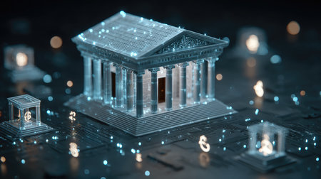 This striking image showcases a futuristic bank structure illuminated with neon elements, surrounded by digital circuit patterns, reflecting innovation in finance.の素材
