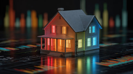 A colorful model house glows vibrantly against a backdrop of data graphs, symbolizing the dynamic nature of real estate markets and insights.の素材