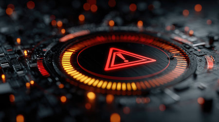 This abstract digital background features a striking warning symbol in red and orange hues, set against a dark tech interface, creating a modern and dynamic visual representation.の素材