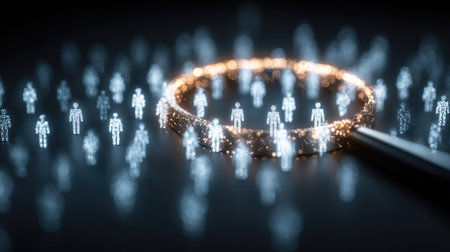 A magnifying glass amplifies silhouettes of people, representing data analysis in a digital context. This image symbolizes research and insight into human connections and interactions.の素材