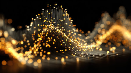 A stunning abstract visualization showcasing glowing golden particles that create dynamic wave patterns against a dark background. This image reflects energy, movement, and artistic creativity.の素材