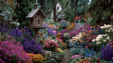 This enchanting flower garden features a delightful array of colorful blooms surrounding a charming birdhouse, inviting serenity and natural beauty.の素材