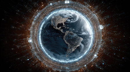 This digital artwork features a stunning view of the Earth, enhanced by glowing data streams and security symbols, representing global connectivity and technology advancements.の素材
