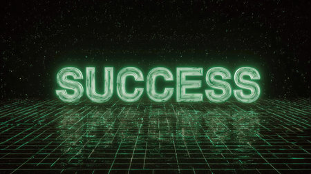 This striking image showcases the word "SUCCESS" in neon green letters, set against a dark background with a reflective grid surface, conveying energy and motivation.の素材