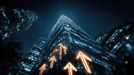 A stunning night view of a futuristic skyscraper illuminated by glowing arrows representing growth and progress in a dynamic urban landscape.の素材