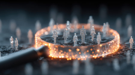 This captivating 3D render features transparent figures within a glowing ring, creating an engaging futuristic atmosphere. The blurred background adds depth.の素材