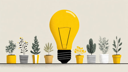 This captivating image features a large yellow light bulb surrounded by a variety of potted plants, perfect for conveying creativity and fresh ideas in home decor.の素材