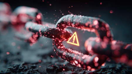 This close-up image showcases a broken chain link featuring a red warning symbol, embodying themes of vulnerability and digital security risks in a striking visual format.の素材