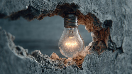 A captivating image featuring a glowing light bulb nestled within a textured concrete wall crack, creating an intriguing ambiance and inspiring creativity.の素材
