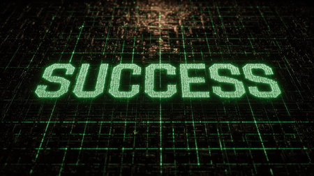This striking image features the word 'Success' displayed in vibrant green over a dynamic matrix-like background, symbolizing achievement in the digital age.の素材