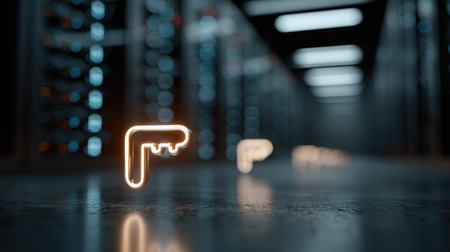 A striking neon key symbol illuminated against a blurred data center background, capturing the essence of modern technology and digital connections.の素材